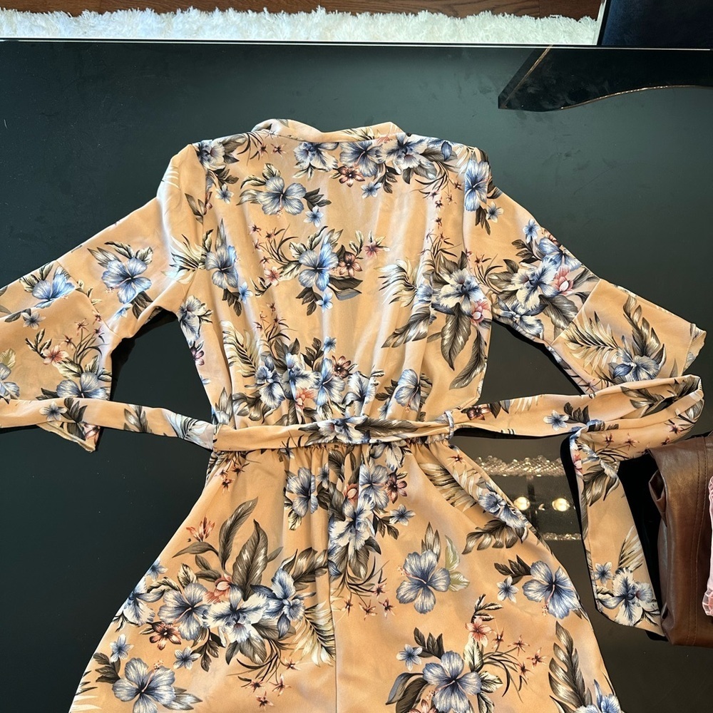 Floral Beige Dress with Blue Accents - Picture 2 of 3